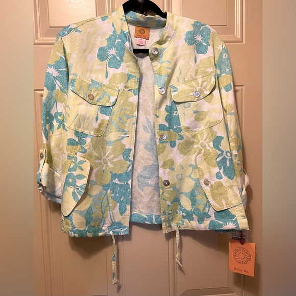 Ruby Rd. Jackets & Blazers - Ruby Rd Linen Blend Turquoise and Lime Floral Jacket Size 14